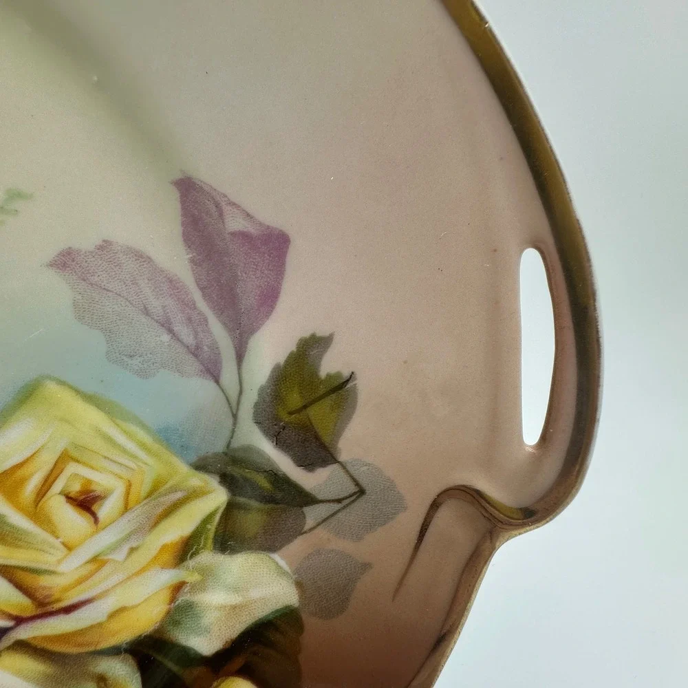 J&C Louise Bavaria Antique Porcelain Cake Plate Yellow Roses Gold Gilt Signed